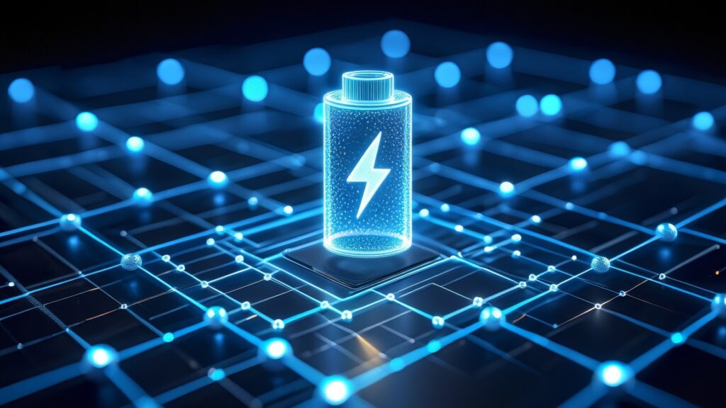 futuristische Batterietechnologie mit leuchtenden Schaltkreisen und Energiesymbol