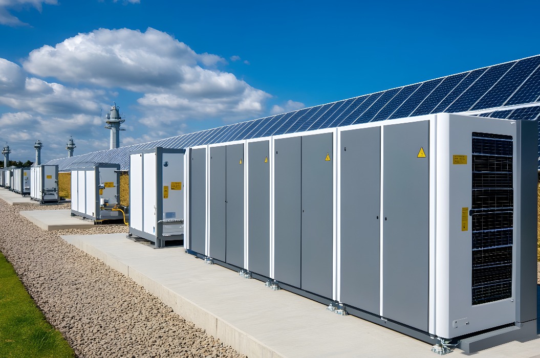 Hochleistungs-Batteriespeichersysteme in der Nähe von Solaranlagen unter blauem Himmel